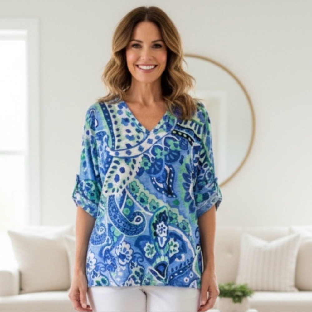 Talbots Blue and Green Paisley V-Neck Blouse